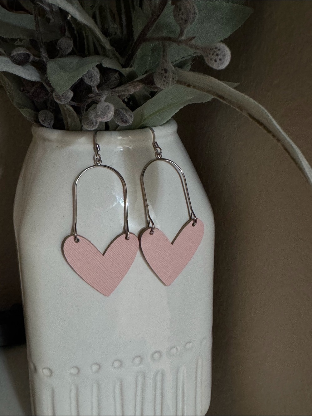 Nickel & Suede Taffeta Pink Sweetheart Leather Dangle Earrings